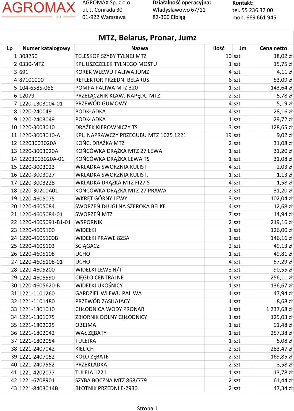 USZCZELEK TYLNEGO MOSTU 1 szt 15,75 zł 3 691 KOREK WLEWU PALIWA JUMZ 4 szt 4,11 zł 4 87101000 REFLEKTOR PRZEDNI BELARUS 6 szt 53,09 zł 5 104-6585-066 POMPA PALIWA MTZ 320 1 szt 143,64 zł 6 12079