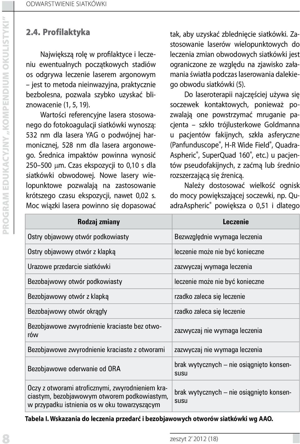 uzyskać bliznowacenie (1, 5, 19). Wartości referencyjne lasera stosowanego do fotokoagulacji siatkówki wynoszą: 532 nm dla lasera YAG o podwójnej harmonicznej, 528 nm dla lasera argonowego.