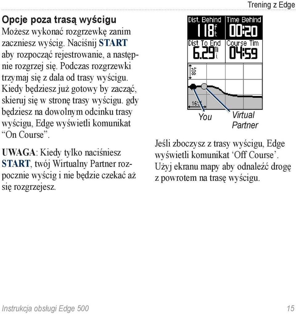 gdy będziesz na dowolnym odcinku trasy wyścigu, Edge wyświetli komunikat On Course.