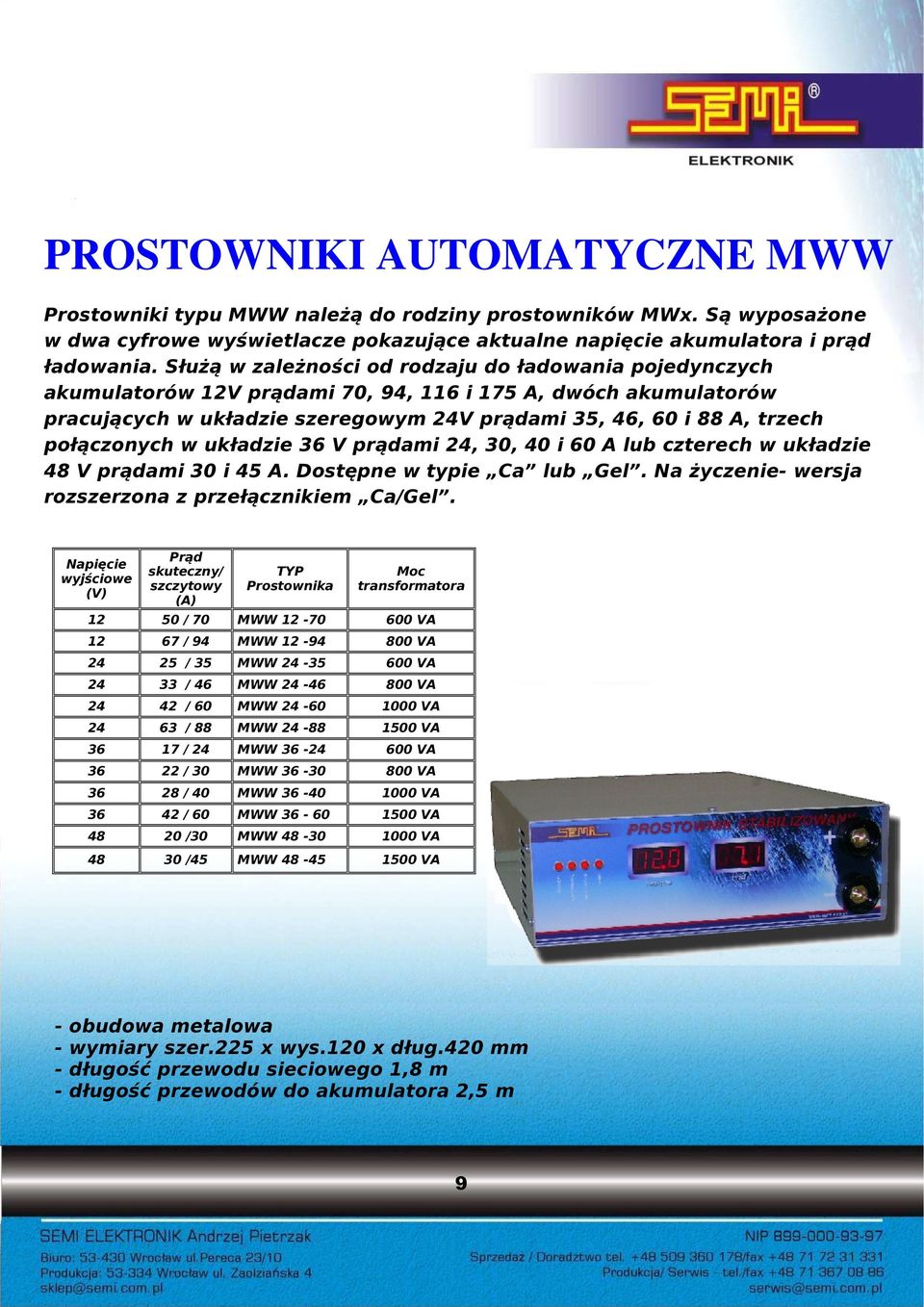 połączonych w układzie 36 V prądami 24, 30, 40 i 60 A lub czterech w układzie 48 V prądami 30 i 45 A. Dostępne w typie Ca lub Gel. Na życzenie- wersja rozszerzona z przełącznikiem Ca/Gel.