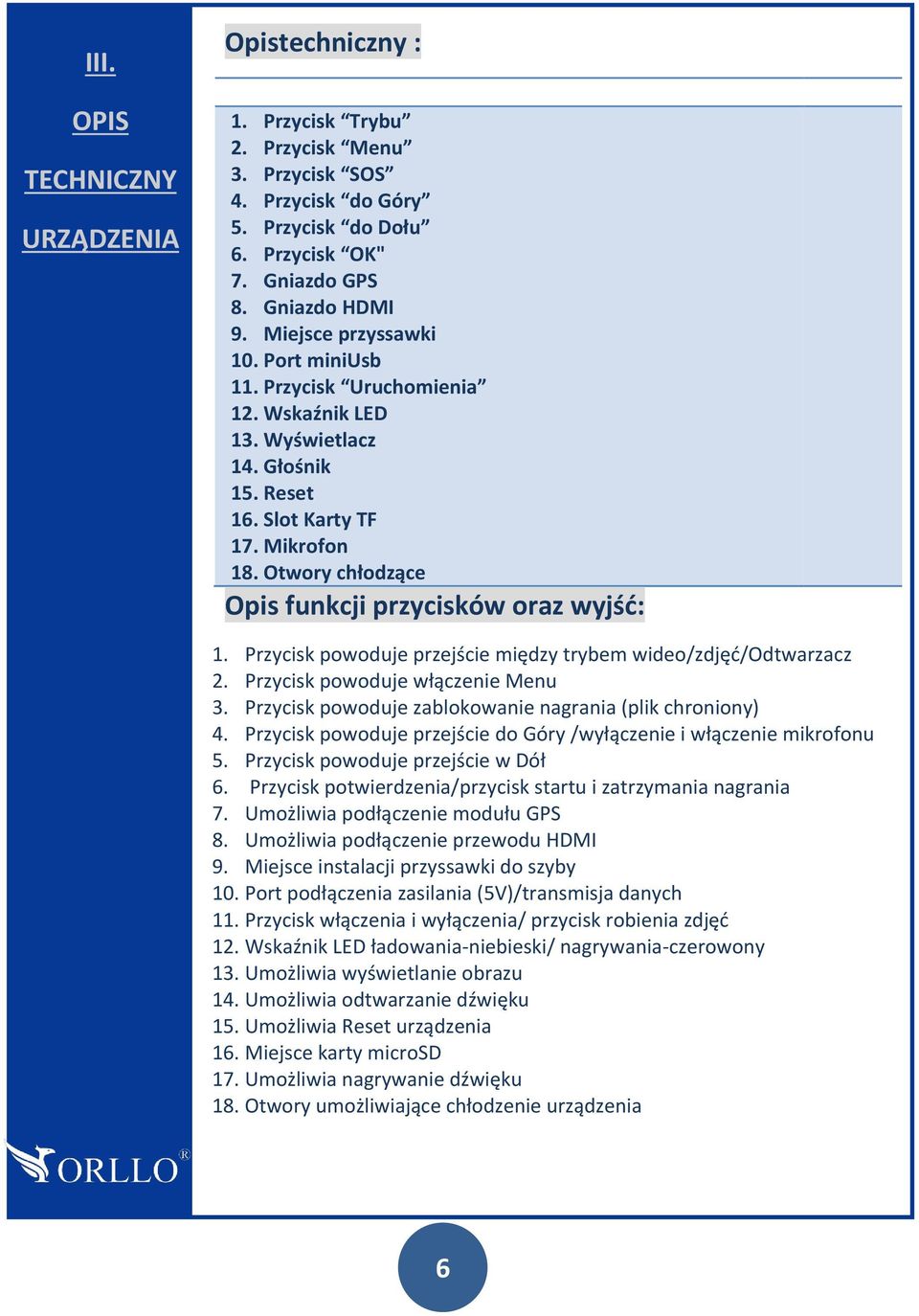 Otwory chłodzące Opis funkcji przycisków oraz wyjść: 1. Przycisk powoduje przejście między trybem wideo/zdjęć/odtwarzacz 2. Przycisk powoduje włączenie Menu 3.