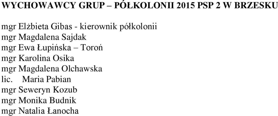 Łupińska Toroń mgr Karolina Osika mgr Magdalena Olchawska lic.