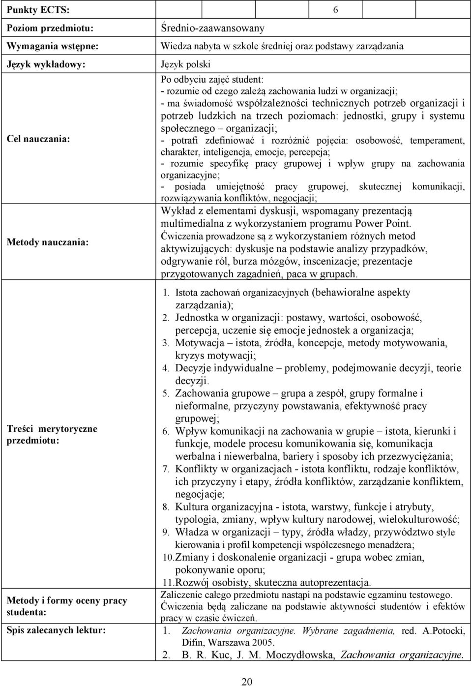 rozróżnić pojęcia: osobowość, temperament, charakter, inteligencja, emocje, percepcja; - rozumie specyfikę pracy grupowej i wpływ grupy na zachowania organizacyjne; - posiada umiejętność pracy