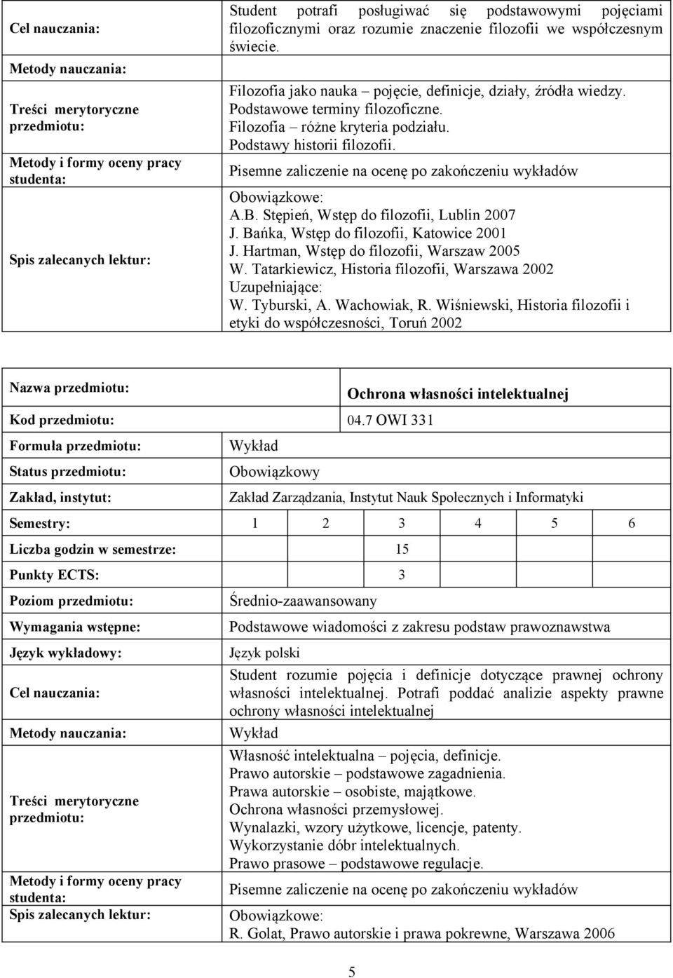 Pisemne zaliczenie na ocenę po zakończeniu wykładów Obowiązkowe: A.B. Stępień, Wstęp do filozofii, Lublin 2007 J. Bańka, Wstęp do filozofii, Katowice 2001 J.