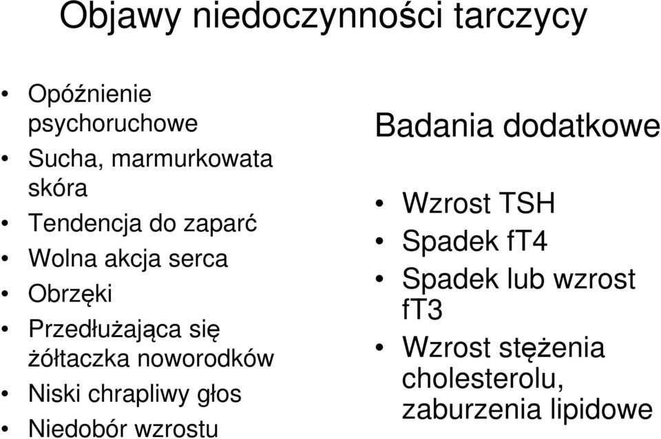 żółtaczka noworodków Niski chrapliwy głos Niedobór wzrostu Badania dodatkowe