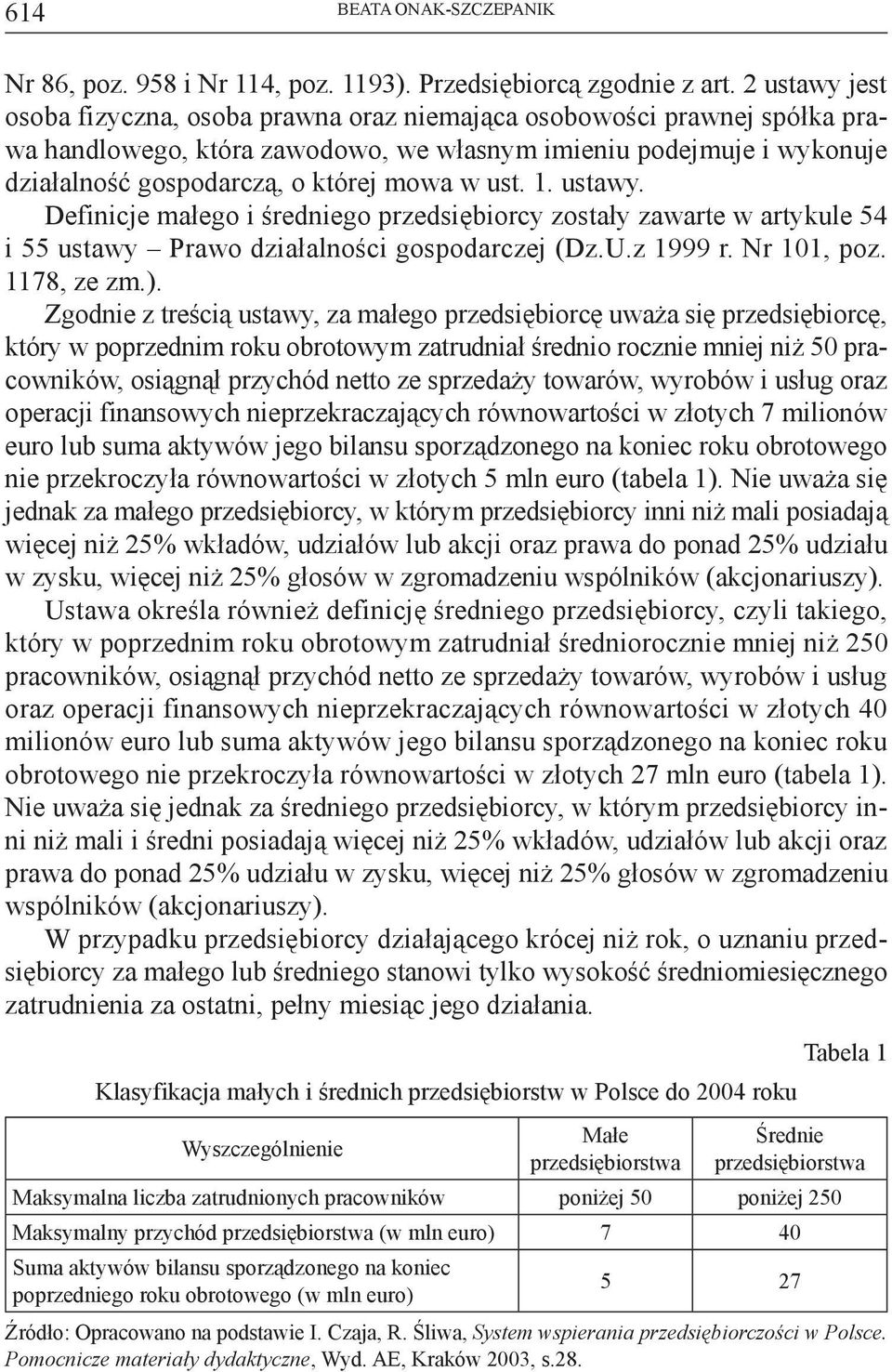 ust. 1. ustawy. Definicje małego i średniego przedsiębiorcy zostały zawarte w artykule 54 i 55 ustawy Prawo działalności gospodarczej (Dz.U.z 1999 r. Nr 101, poz. 1178, ze zm.).