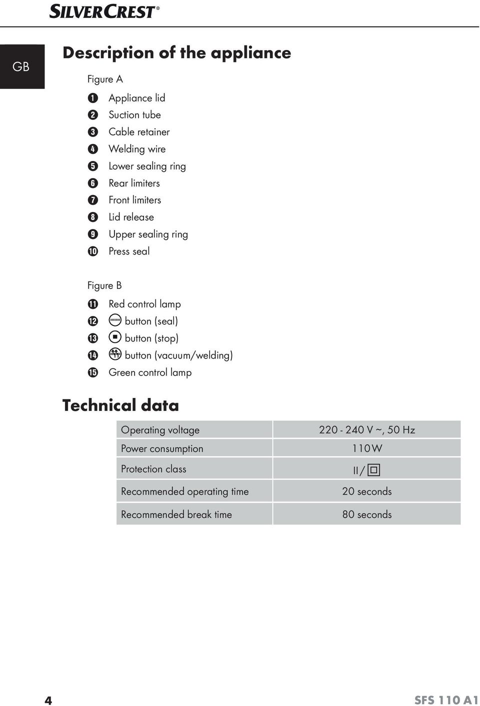 (seal) button (stop) button (vacuum/welding) Green control lamp Technical data Operating voltage Power