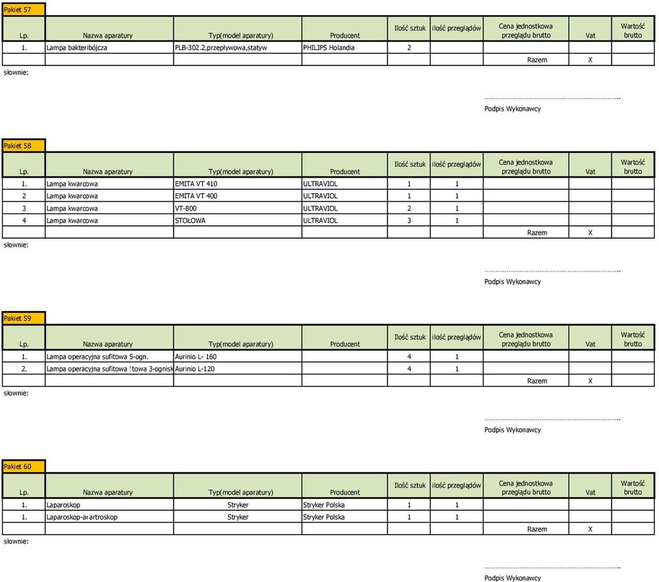 Lampa kwarcowa STOŁOWA ULTRAVIOL 3 1 Pakiet 59 1. Lampa operacyjna sufitowa 5-ogn. Aurinio L- 160 4 1 2.