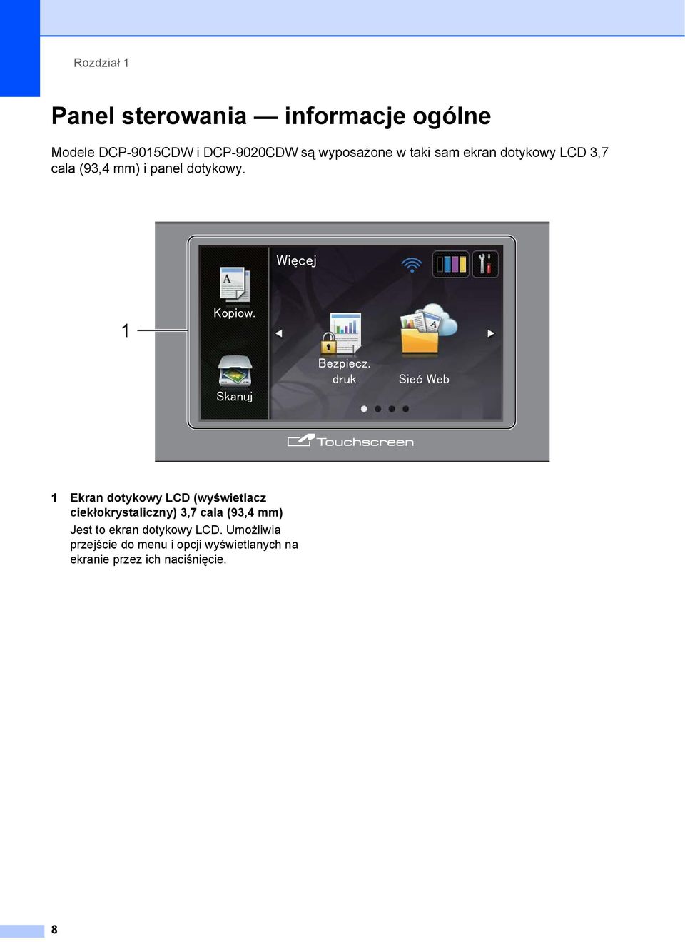 1 1 Ekran dotykowy LCD (wyświetlacz ciekłokrystaliczny) 3,7 cala (93,4 mm) Jest to