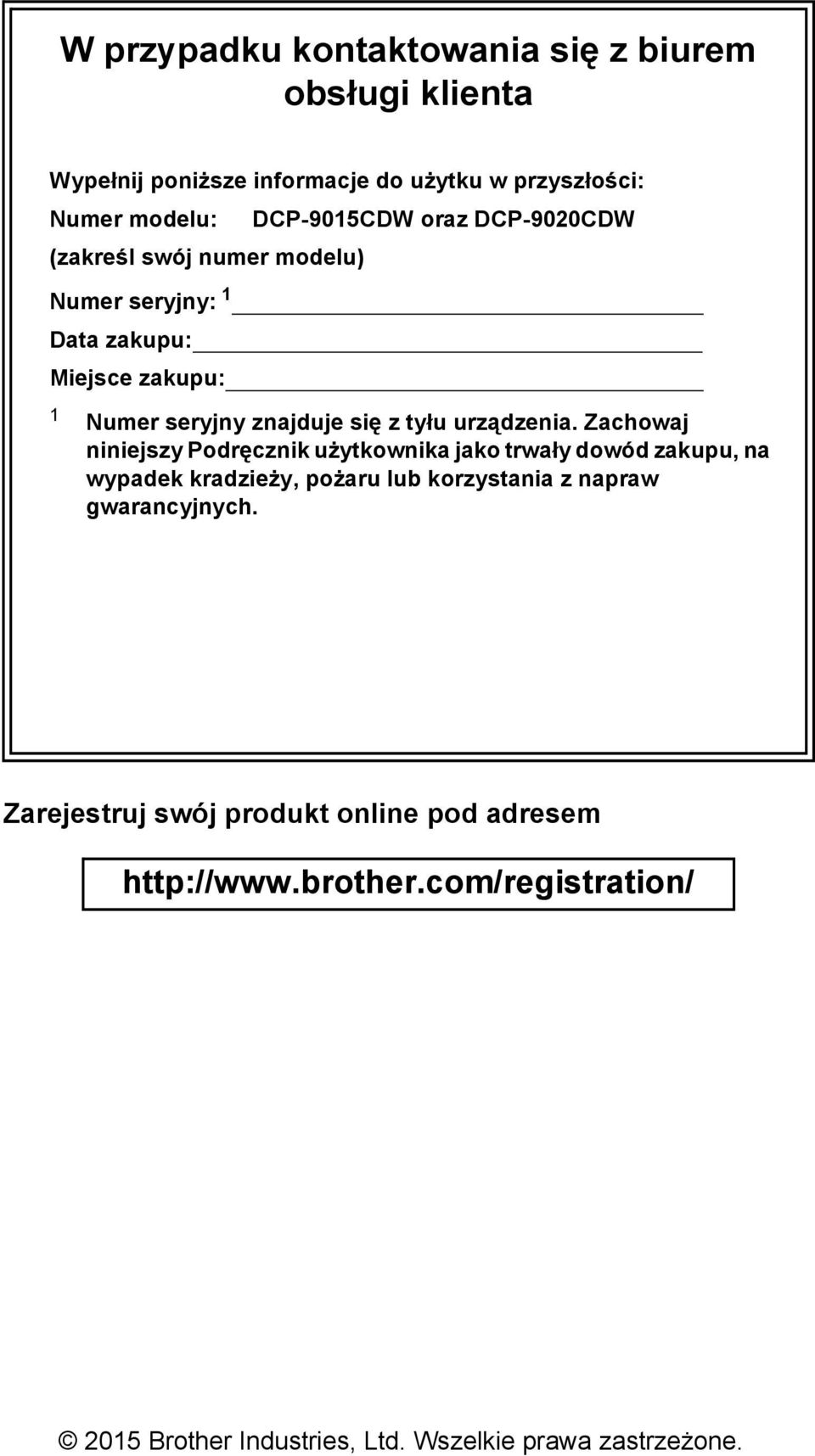 Zachowaj niniejszy Podręcznik użytkownika jako trwały dowód zakupu, na wypadek kradzieży, pożaru lub korzystania z napraw gwarancyjnych.