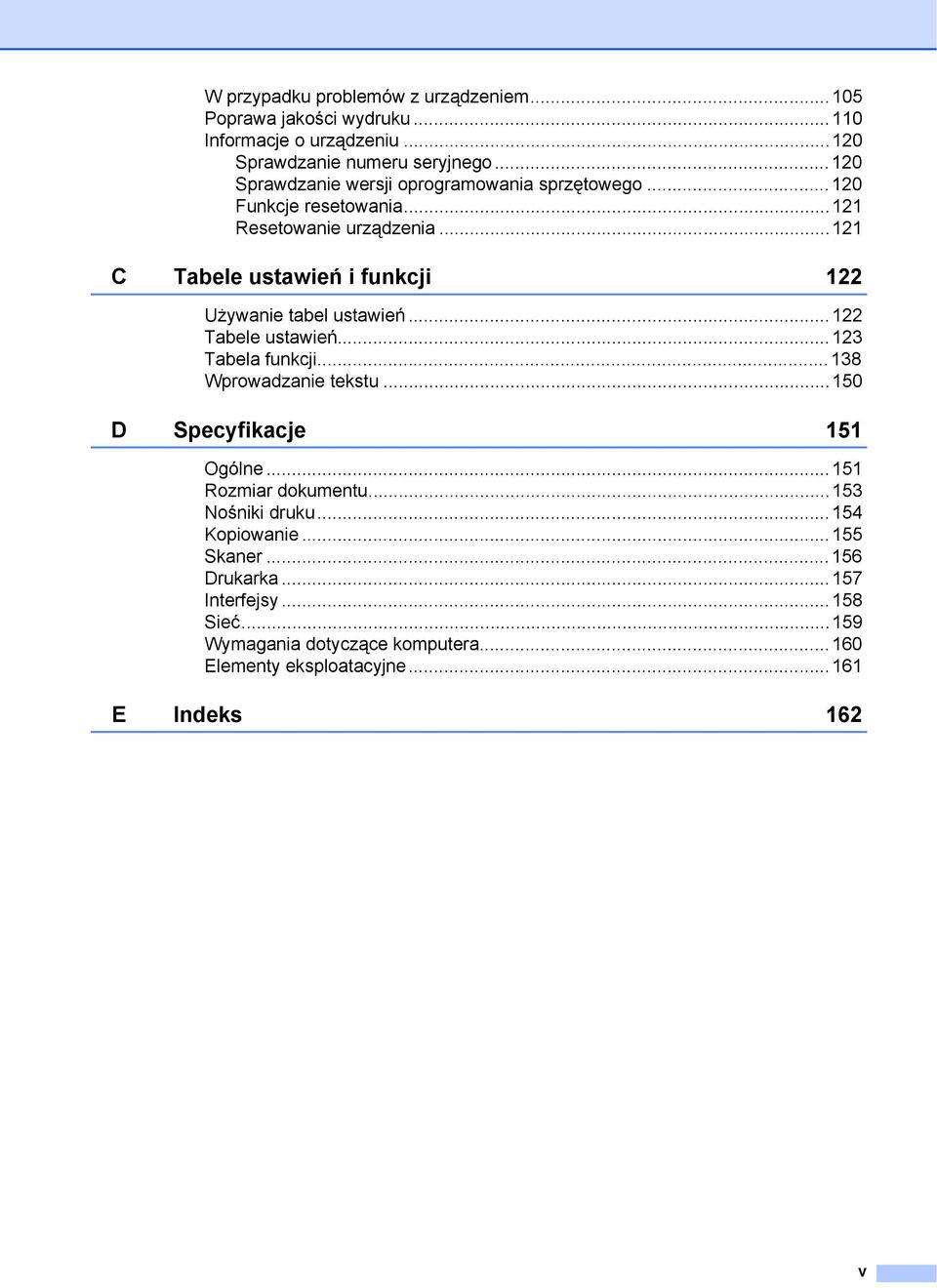 ..121 C Tabele ustawień i funkcji 122 Używanie tabel ustawień...122 Tabele ustawień...123 Tabela funkcji...138 Wprowadzanie tekstu.