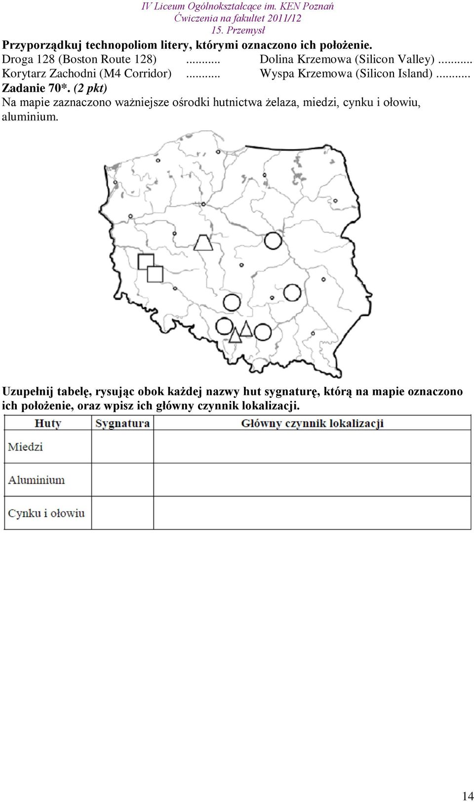 .. Zadanie 70*. (2 pkt) Na mapie zaznaczono ważniejsze ośrodki hutnictwa żelaza, miedzi, cynku i ołowiu, aluminium.