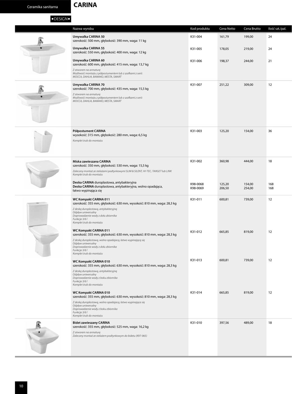 MOCCA, DAHLIA, BAMAKO, MESTA, SMART Umywalka CARINA 70 szerokość: 700 mm, głębokość: 435 mm, waga: 15,5 kg Z otworem na armaturę Możliwość montażu z półpostumentem lub z szafkami z serii: MOCCA,