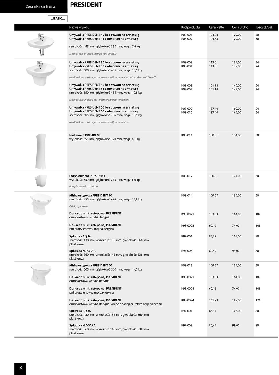 10,9 kg K08-003 K08-004 113,01 113,01 139,00 139,00 24 24 Możliwość montażu z postumentem, półpostumentem lub szafką z serii BIANCO Umywalka PRESIDENT 55 bez otworu na armaturę Umywalka PRESIDENT 55