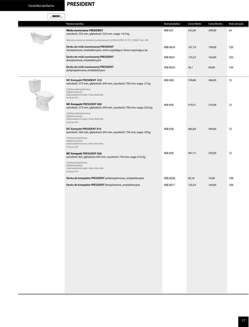 antybakteryjna K98-0021 133,33 164,00 102 Deska do miski zawieszanej PRESIDENT polipropylenowa, antybakteryjna K98-0022 56,1 69,00 150 WC Kompakt PRESIDENT 010 szerokość: 375 mm, głębokość: 645 mm,