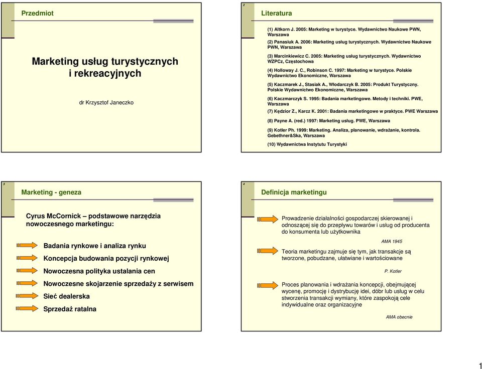 1997: Marketing w turystyce. Polskie Wydawnictwo Ekonomiczne, Warszawa (5) Kaczmarek J., Stasiak A., Włodarczyk B. 2005: Produkt Turystyczny.