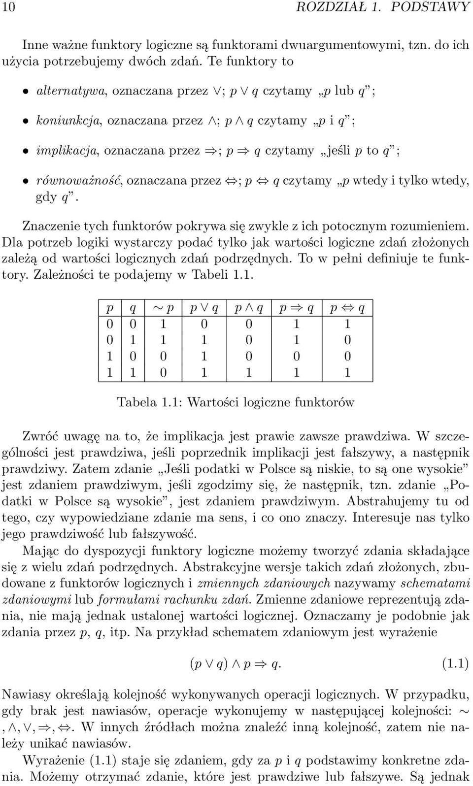 przez ; p q czytamy p wtedy i tylko wtedy, gdy q. Znaczenie tych funktorów pokrywa się zwykle z ich potocznym rozumieniem.