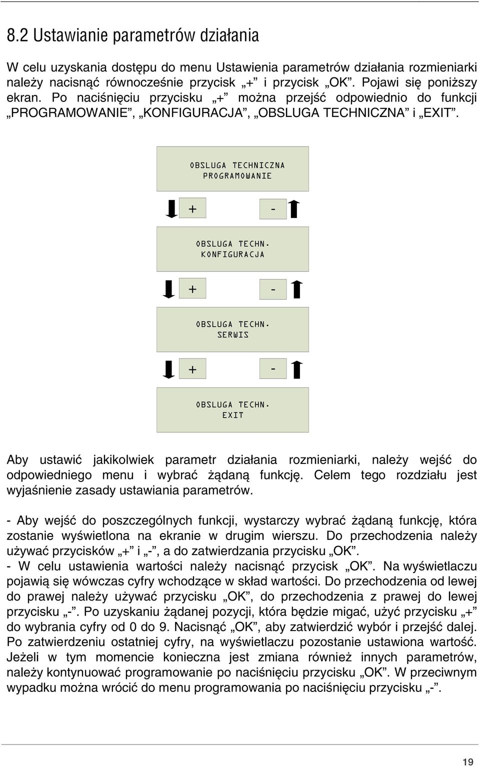 SERWIS OBSLUGA TECHN. EXIT Aby ustawić jakikolwiek parametr działania rozmieniarki, należy wejść do odpowiedniego menu i wybrać żądaną funkcję.