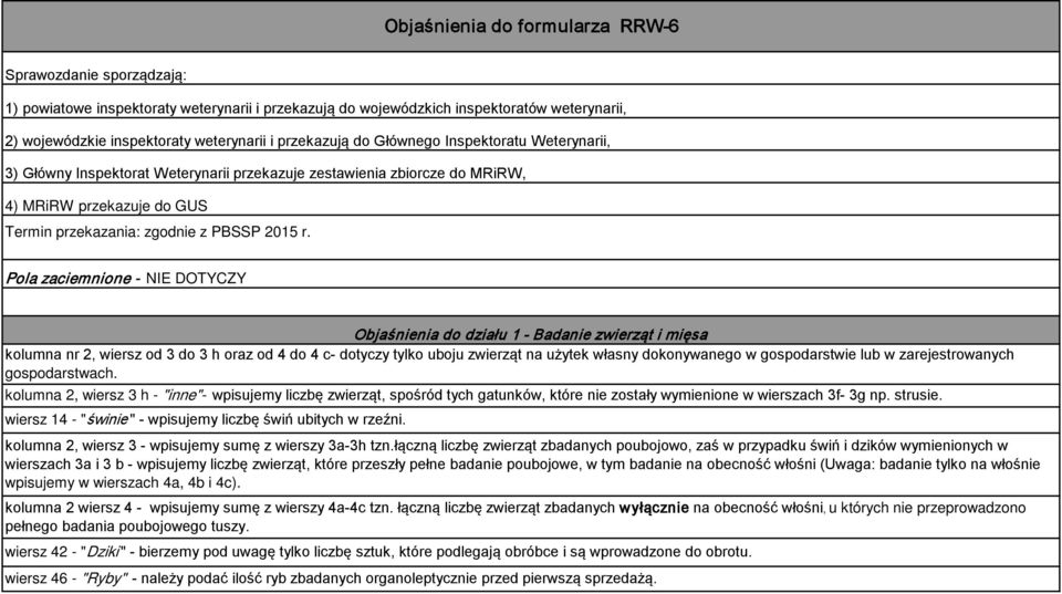 Pola zaciemnione - NIE DOTYCZY Objaśnienia do działu 1 - Badanie zwierząt i mięsa kolumna nr 2, wiersz od 3 do 3 h oraz od 4 do 4 c- dotyczy tylko uboju zwierząt na użytek własny dokonywanego w