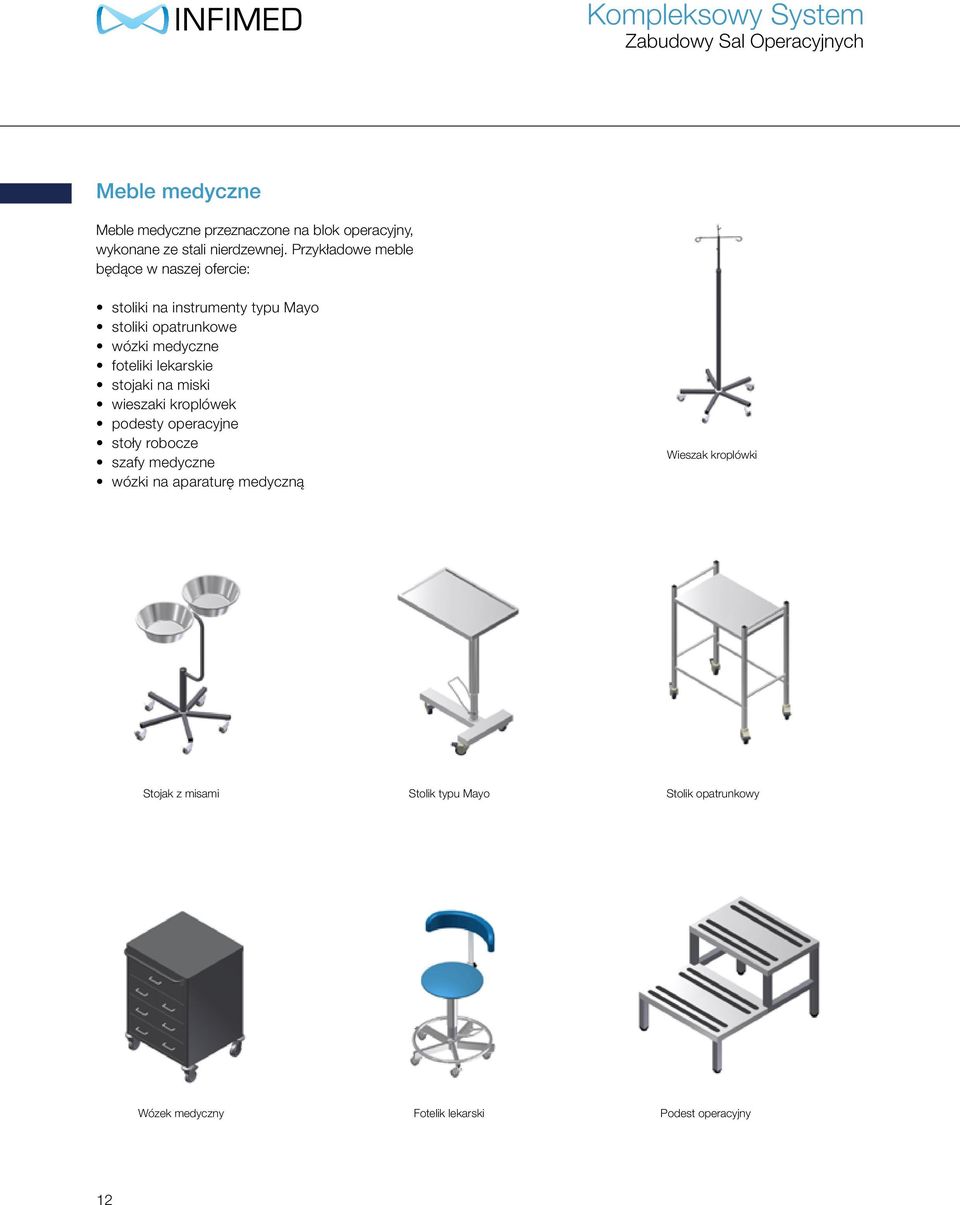 Przykładowe meble będące w naszej ofercie: stoliki na instrumenty typu Mayo stoliki opatrunkowe wózki medyczne foteliki