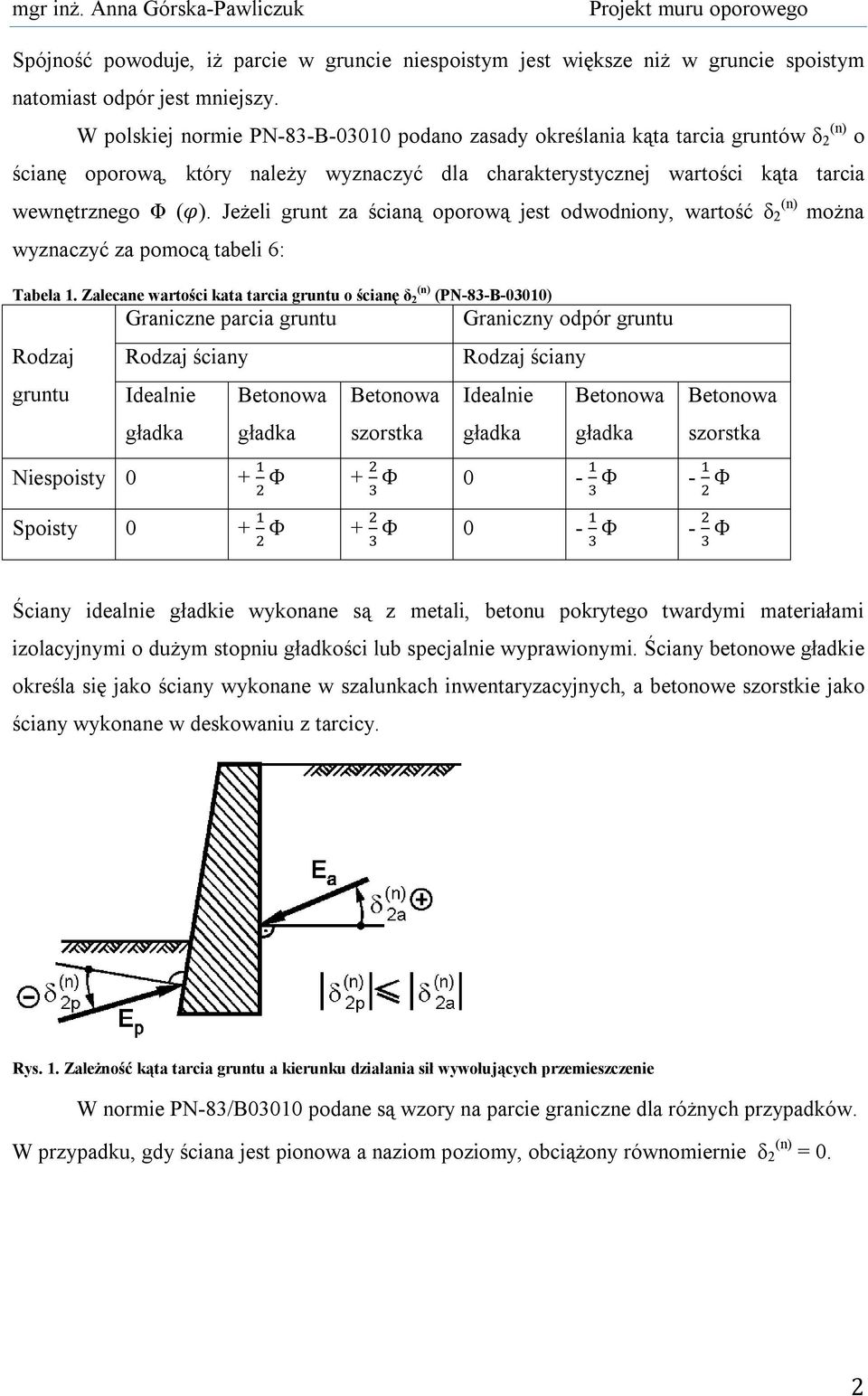 Jeżeli grunt za ścianą oporową jest odwodniony, wartość δ 2 można wyznaczyć za pomocą tabeli 6: Tabela 1.