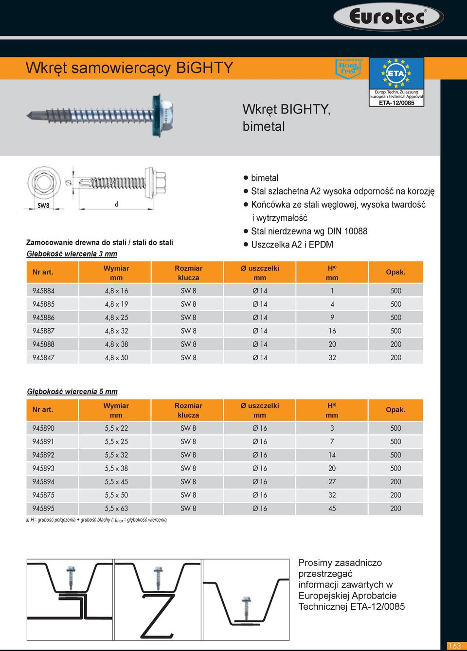 25 SW 8 Ø 14 9 500 945887 4,8 x 32 SW 8 Ø 14 16 500 945888 4,8 x 38 SW 8 Ø 14 20 200 945847 4,8 x 50 SW 8 Ø 14 32 200 Głębokość wiercenia 5 mm Wymiar Rozmiar Ø uszczelki H a) 945890 5,5 x 22 SW 8 Ø