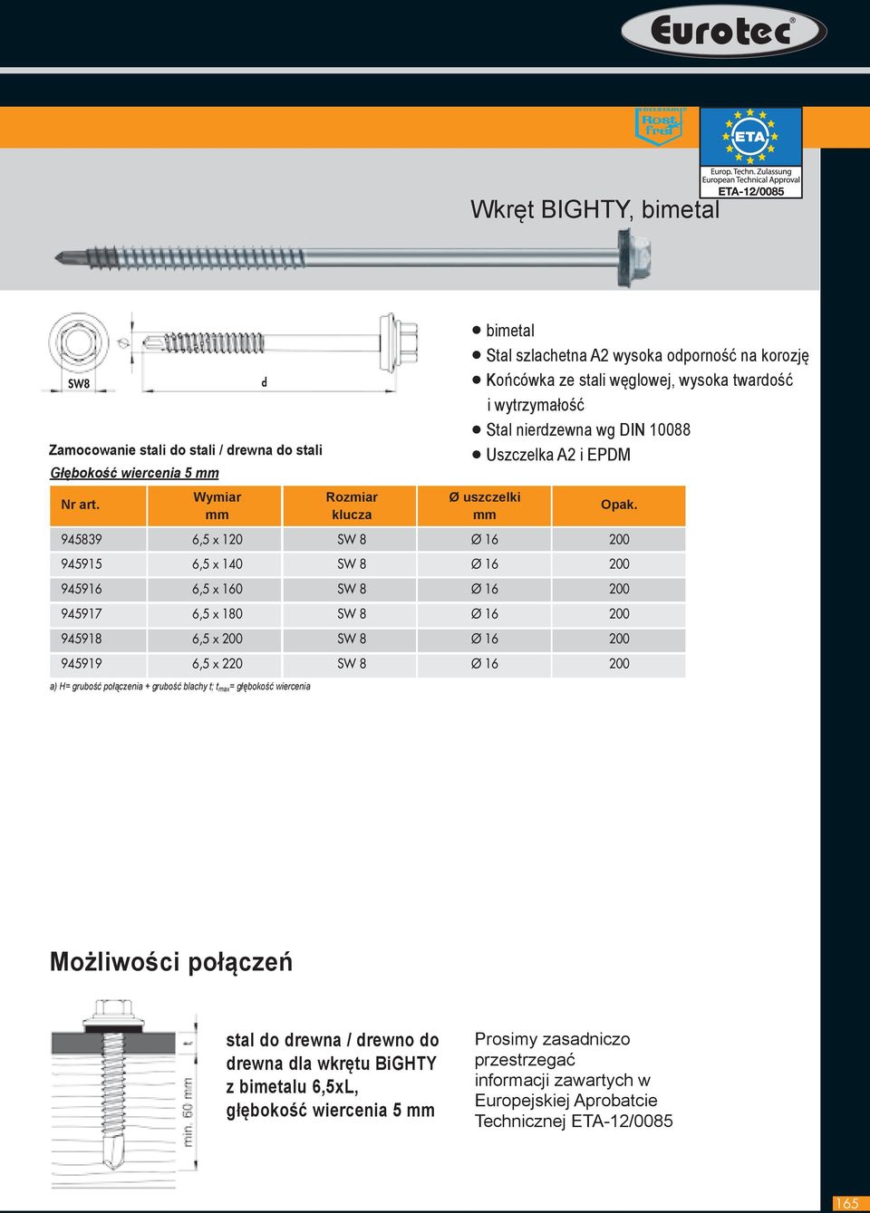 16 200 945917 6,5 x 180 SW 8 Ø 16 200 945918 6,5 x 200 SW 8 Ø 16 200 945919 6,5 x 220 SW 8 Ø 16 200 a) H= grubość połączenia + grubość blachy t; t max = głębokość wiercenia Możliwości połączeń