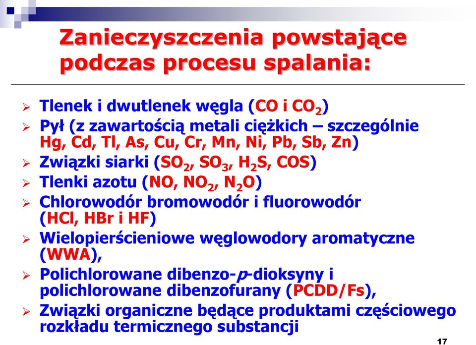 Chlorowodór bromowodór i fluorowodór (HCl, HBr i HF) Wielopierścieniowe węglowodory aromatyczne (WWA), Polichlorowane