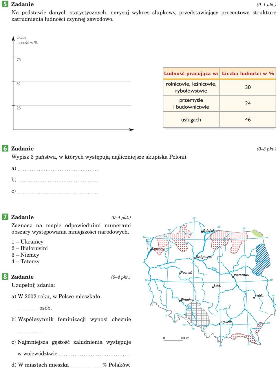 wyst pujà najliczniejsze skupiska Polonii. a)... b)... c)... 7 Zaznacz na mapie odpowiednimi numerami obszary wyst powania mniejszoêci narodowych.