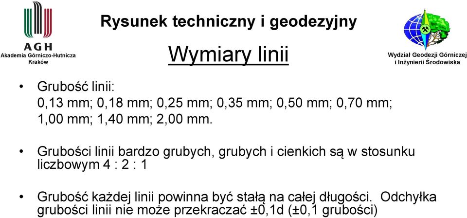 Grubości linii bardzo grubych, grubych i cienkich są w stosunku liczbowym 4 : 2 : 1 Grubość