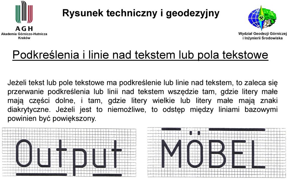 linii nad tekstem wszędzie tam, gdzie litery małe mają części dolne, i tam, gdzie litery wielkie lub litery