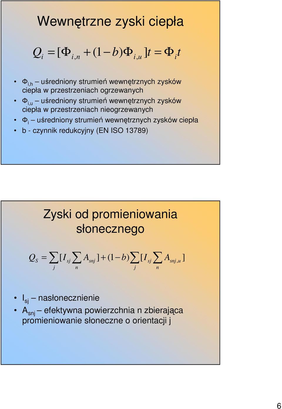 uśredniony strumień wewnętrznych zysków ciepła b - czynnik redukcyny (EN ISO 13789) Zyski od promieniowania słonecznego S =