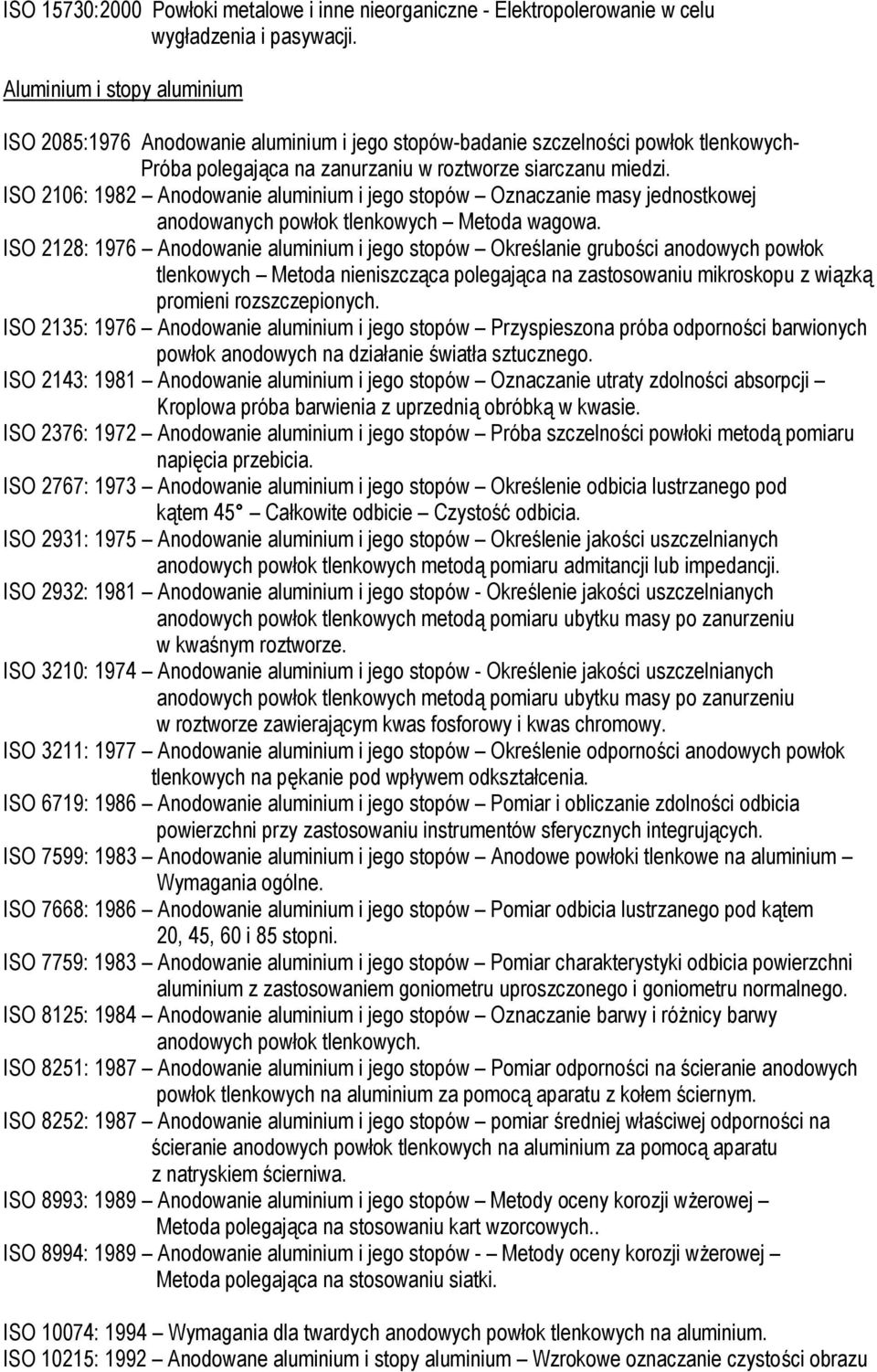 ISO 2106: 1982 Anodowanie aluminium i jego stopów Oznaczanie masy jednostkowej anodowanych powłok tlenkowych Metoda wagowa.