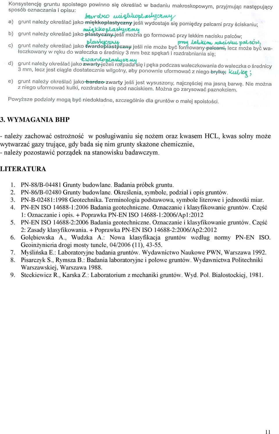 PN-B-02481:1998 Geotechnika. Terminologia podstawowa, symbole literowe i jednostki miar. 4. PN-EN ISO 14688-1:2006 Badania geotechniczne. Oznaczanie i klasyfikowanie gruntów.