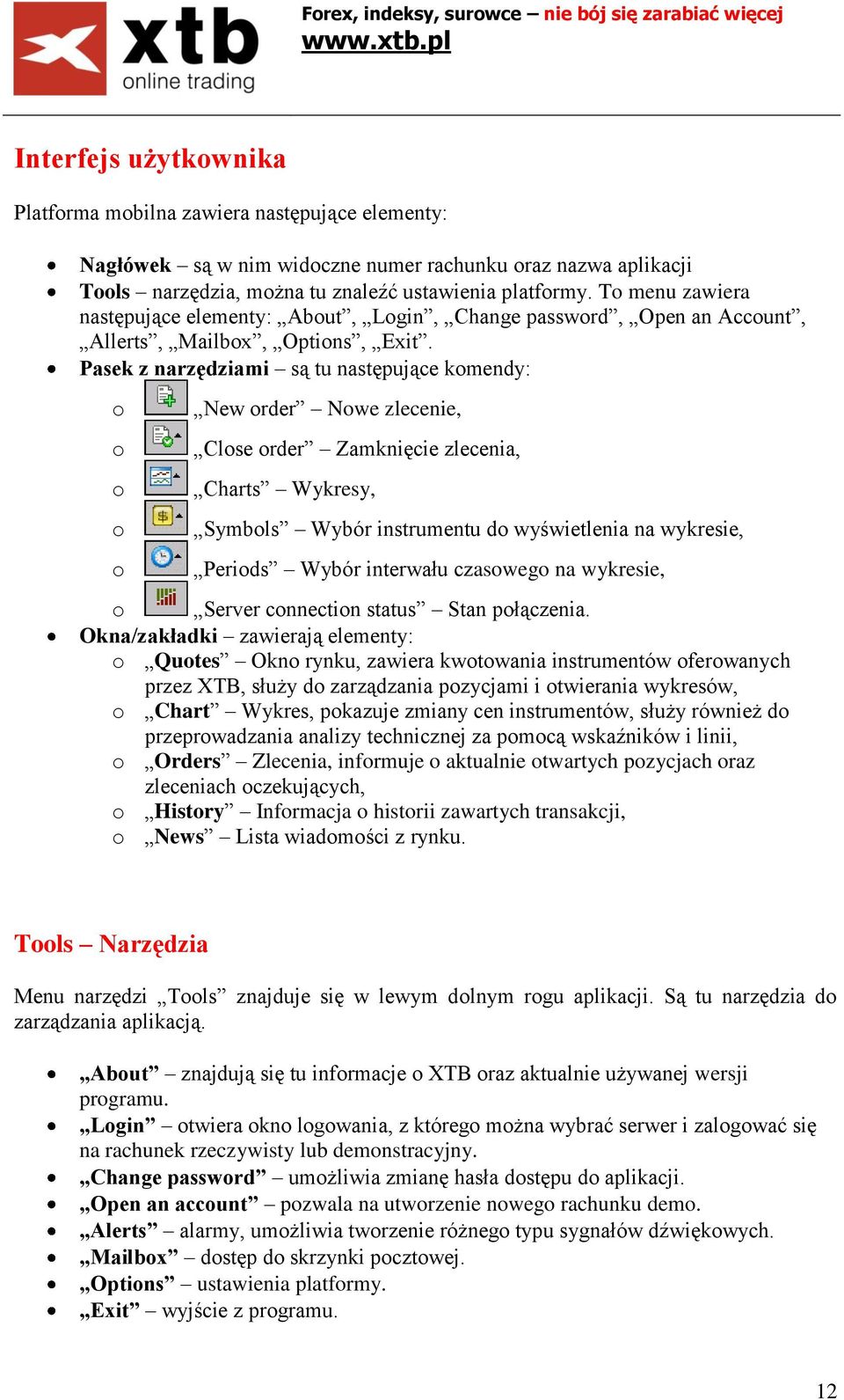 Pasek z narzędziami są tu następujące komendy: o o o o o New order Nowe zlecenie, Close order Zamknięcie zlecenia, Charts Wykresy, Symbols Wybór instrumentu do wyświetlenia na wykresie, Periods Wybór