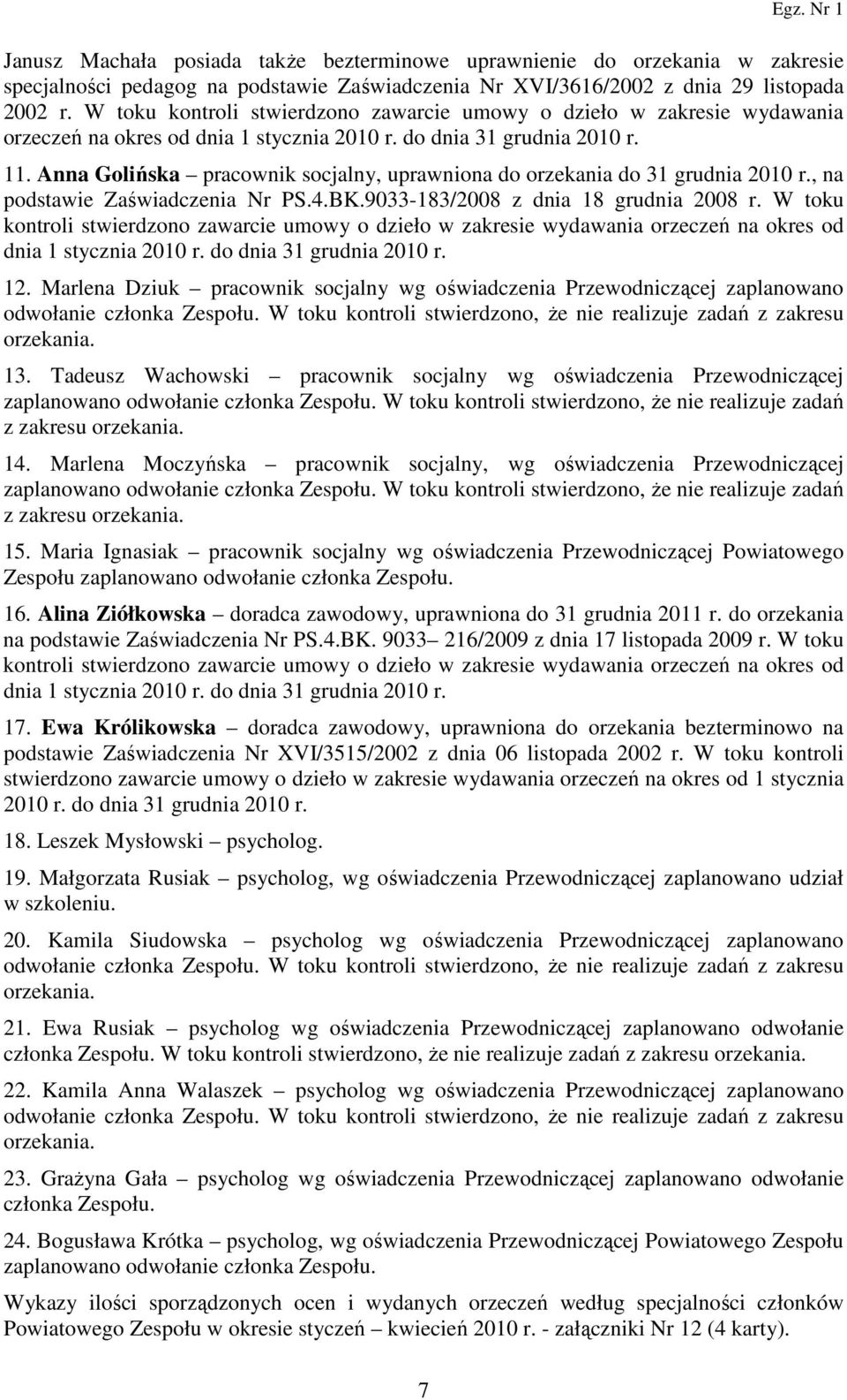 Anna Golińska pracownik socjalny, uprawniona do orzekania do 31 grudnia 2010 r., na podstawie Zaświadczenia Nr PS.4.BK.9033-183/2008 z dnia 18 grudnia 2008 r.