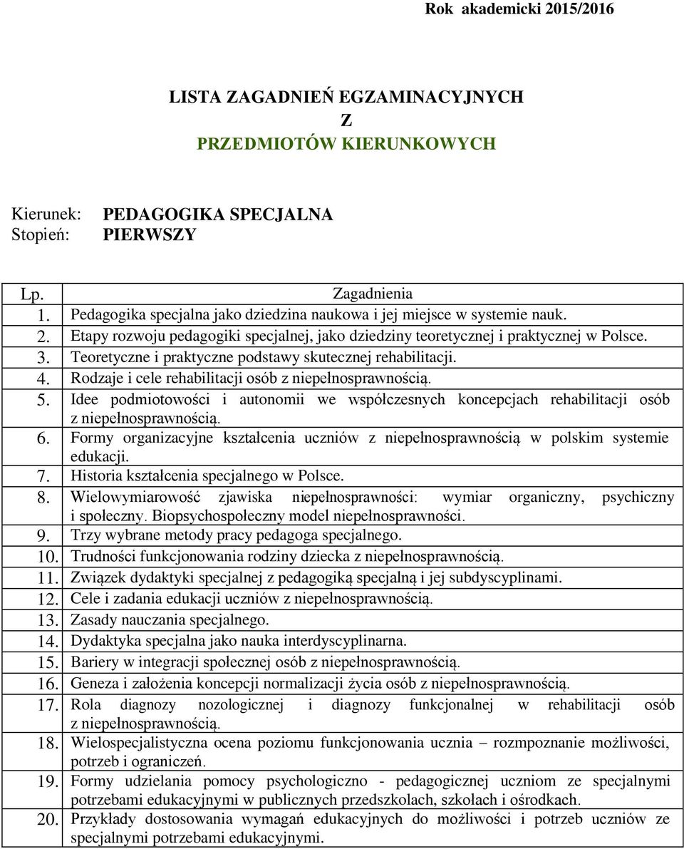 Rodzaje i cele rehabilitacji osób z niepełnosprawnością. 5. Idee podmiotowości i autonomii we współczesnych koncepcjach rehabilitacji osób z niepełnosprawnością. 6.