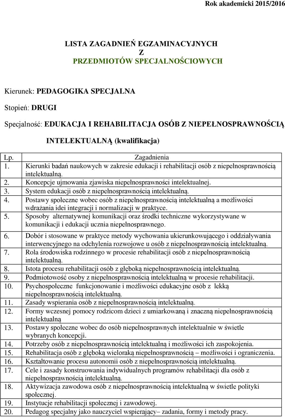 System edukacji osób z niepełnosprawnością intelektualną. 4. Postawy społeczne wobec osób z niepełnosprawnością intelektualną a możliwości wdrażania idei integracji i normalizacji w praktyce. 5.