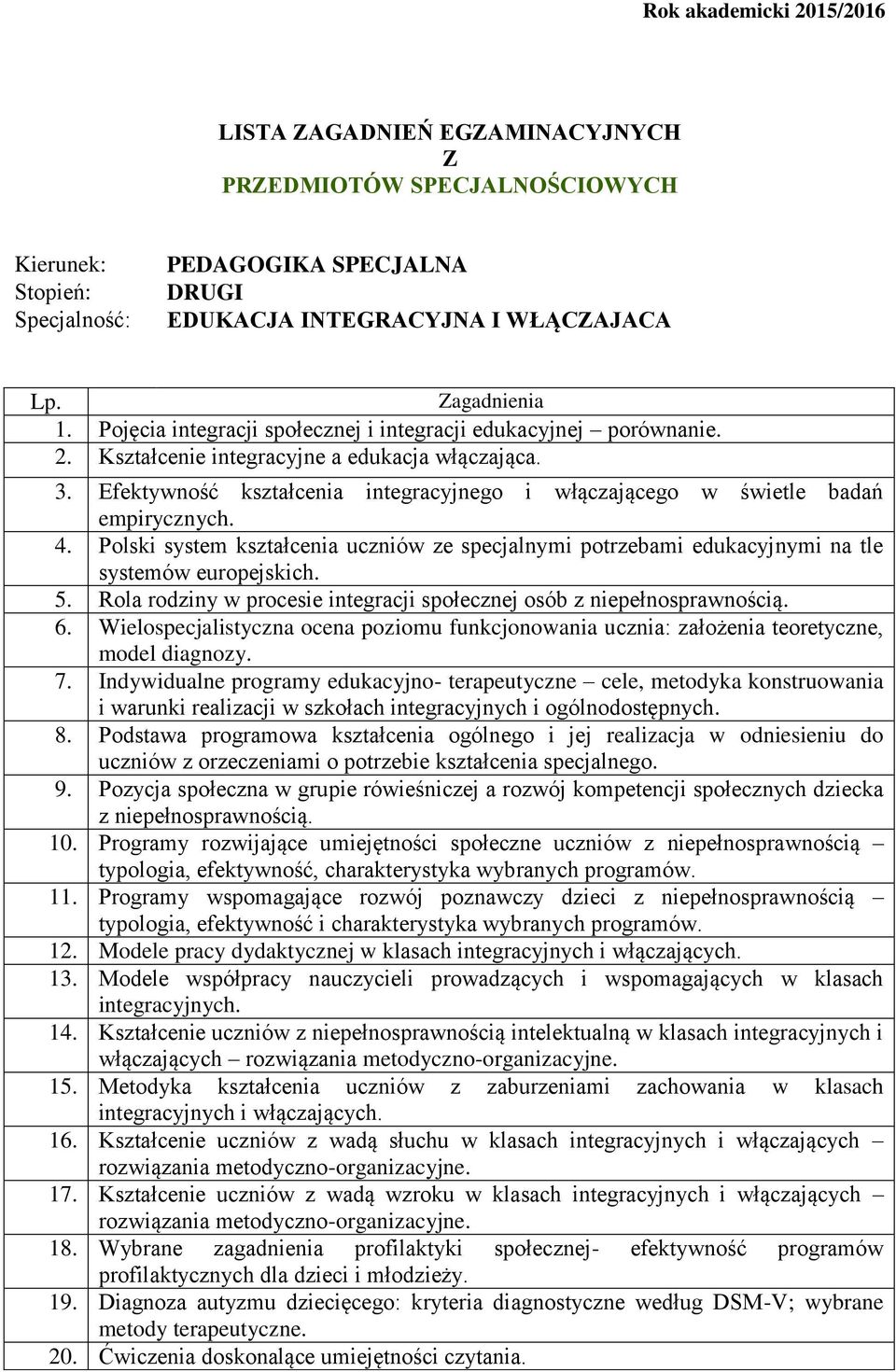 Polski system kształcenia uczniów ze specjalnymi potrzebami edukacyjnymi na tle systemów europejskich. 5. Rola rodziny w procesie integracji społecznej osób z niepełnosprawnością. 6.