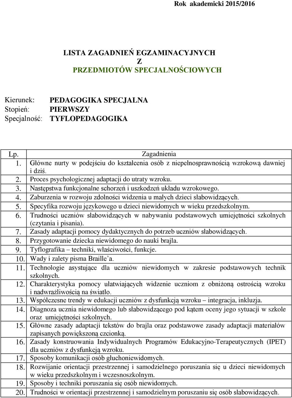 Specyfika rozwoju językowego u dzieci niewidomych w wieku przedszkolnym. 6. Trudności uczniów słabowidzących w nabywaniu podstawowych umiejętności szkolnych (czytania i pisania). 7.