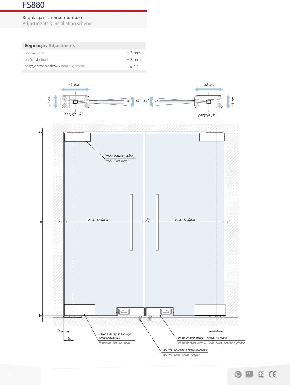 1000mm 7 12 ±3 mm pozycja 0 pozycja 0 17 60 Zawias dolny z funkcją samozamykacza Hydraulic bottom hinge 86 PL50 Zamek dolny i PM88 Wkładka PL50