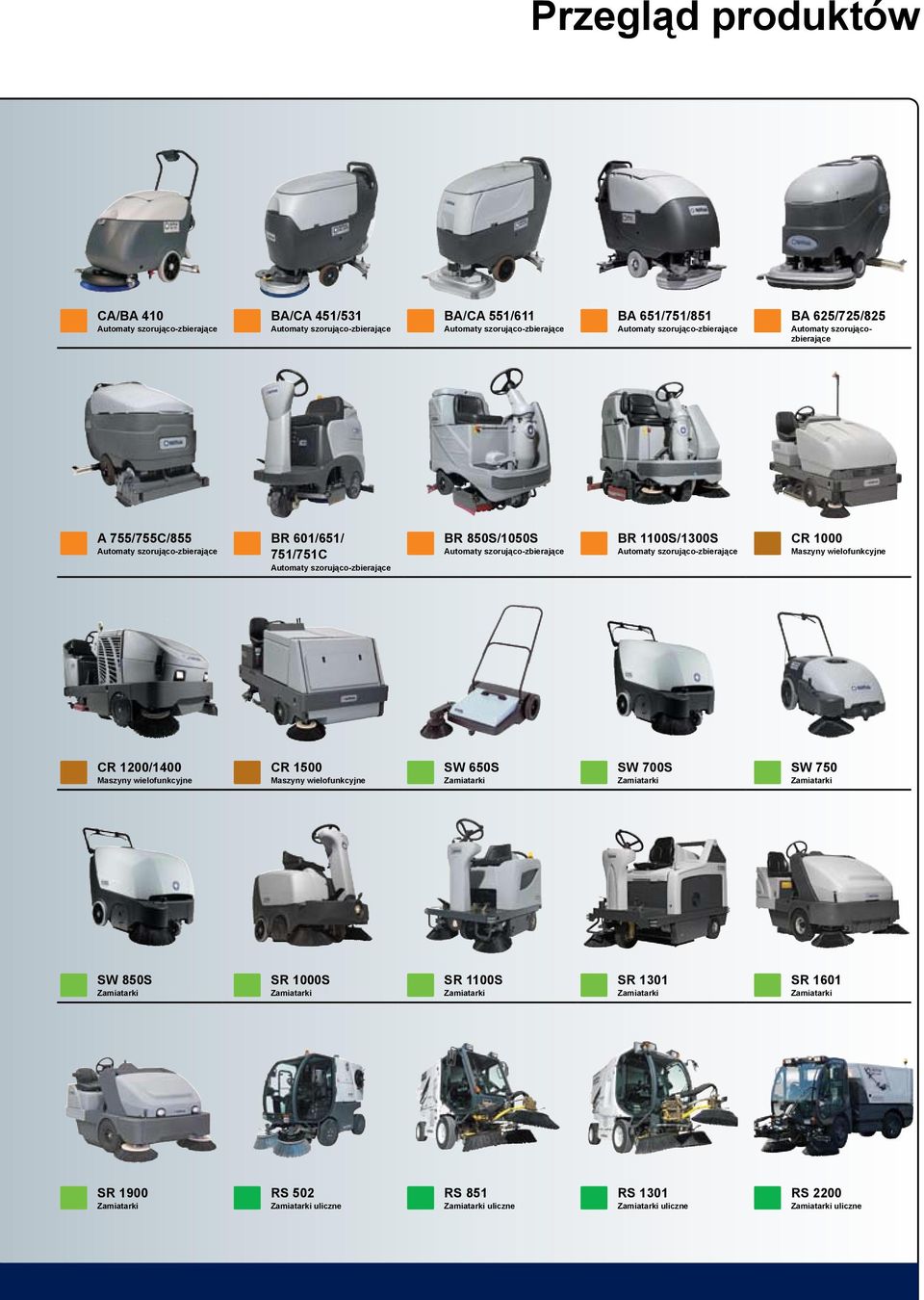 Automaty szorująco-zbierające CR 1000 Maszyny wielofunkcyjne CR 1200/1400 Maszyny wielofunkcyjne CR 1500 Maszyny wielofunkcyjne SW 650S Zamiatarki SW 700S Zamiatarki SW 750 Zamiatarki SW 850S