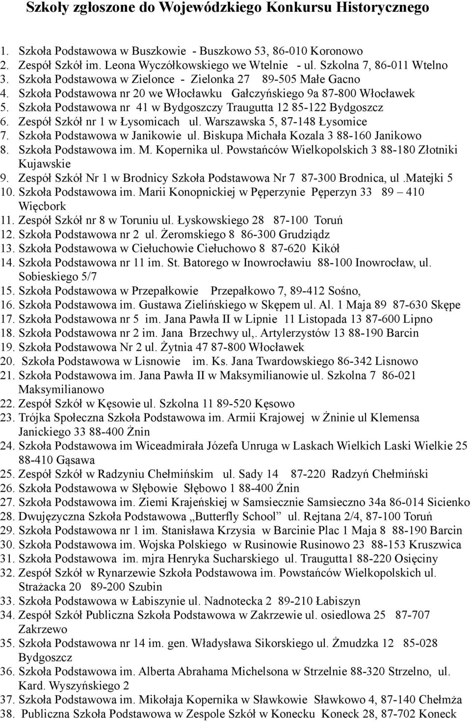 Szkoła Podstawowa nr 41 w y Traugutta 12 85-122 6. Zespół Szkół nr 1 w Łysomicach ul. Warszawska 5, 87-148 Łysomice 7. Szkoła Podstawowa w Janikowie ul. Biskupa Michała Kozala 3 88-160 Janikowo 8.