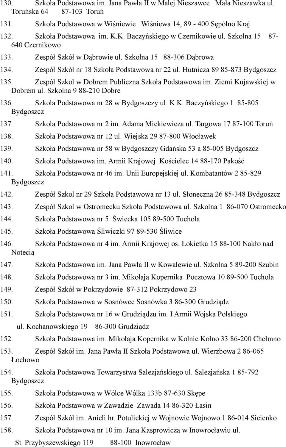 Zespół Szkol w Dobrem Publiczna Szkoła Podstawowa im. Ziemi Kujawskiej w Dobrem ul. Szkolna 9 88-210 Dobre 136. Szkoła Podstawowa nr 28 w y ul. K.K. Baczyńskiego 1 85-805 137.