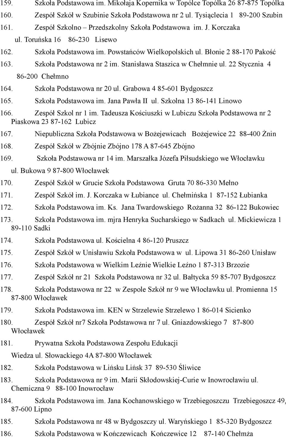 Stanisława Staszica w Chełmnie ul. 22 Stycznia 4 86-200 Chełmno 164. Szkoła Podstawowa nr 20 ul. Grabowa 4 85-601 165. Szkoła Podstawowa im. Jana Pawła II ul. Szkolna 13 86-141 Linowo 166.