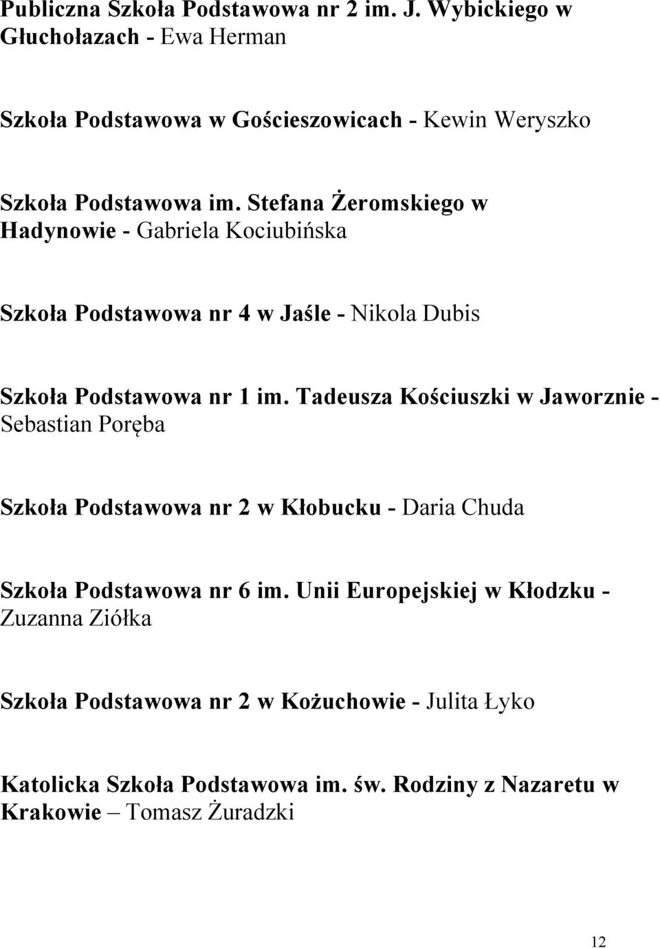 Stefana Żeromskiego w Hadynowie - Gabriela Kociubińska Szkoła Podstawowa nr 4 w Jaśle - Nikola Dubis Szkoła Podstawowa nr 1 im.