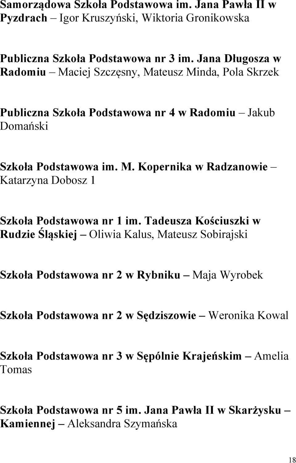 Tadeusza Kościuszki w Rudzie Śląskiej Oliwia Kalus, Mateusz Sobirajski Szkoła Podstawowa nr 2 w Rybniku Maja Wyrobek Szkoła Podstawowa nr 2 w Sędziszowie Weronika