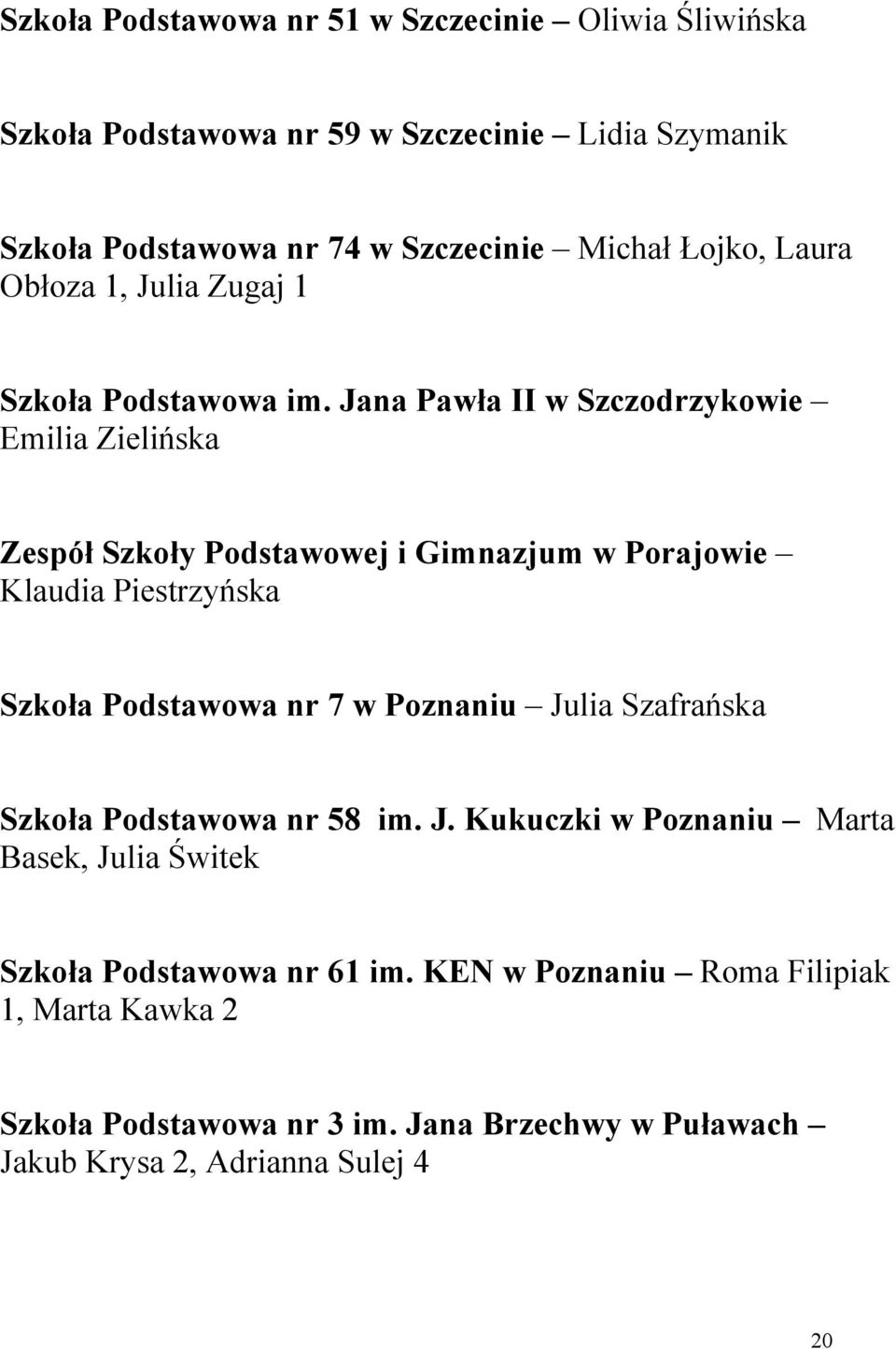 Jana Pawła II w Szczodrzykowie Emilia Zielińska Zespół Szkoły Podstawowej i Gimnazjum w Porajowie Klaudia Piestrzyńska Szkoła Podstawowa nr 7 w Poznaniu