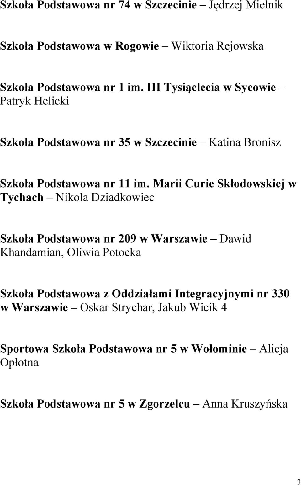 Marii Curie Skłodowskiej w Tychach Nikola Dziadkowiec Szkoła Podstawowa nr 209 w Warszawie Dawid Khandamian, Oliwia Potocka Szkoła Podstawowa z