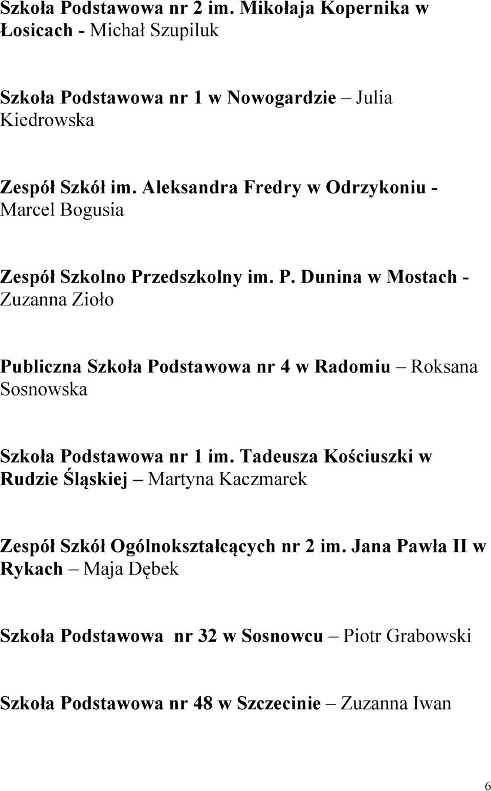 zedszkolny im. P. Dunina w Mostach - Zuzanna Zioło Publiczna Szkoła Podstawowa nr 4 w Radomiu Roksana Sosnowska Szkoła Podstawowa nr 1 im.